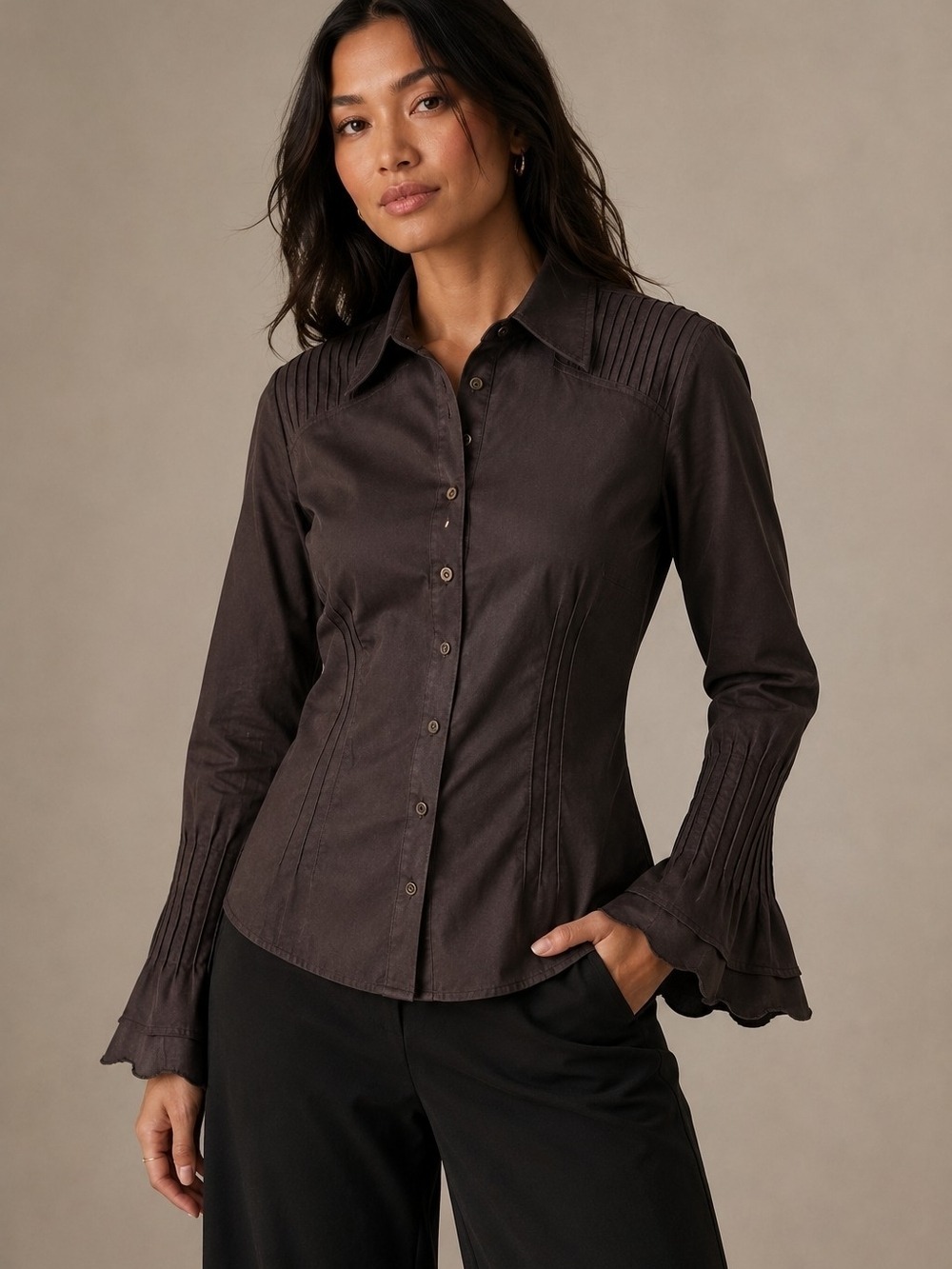 Romantic Dark Academia Pintuck Blouse Bell Sleeve Ethereal Top Size 12